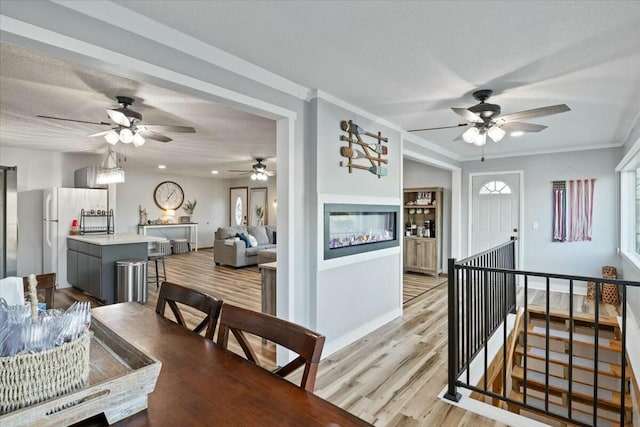 28489 Possum Trot Rd, Stover, MO 65078 - dining room with a textured ceiling, crown molding, light wood finished floors, and ceiling fan
