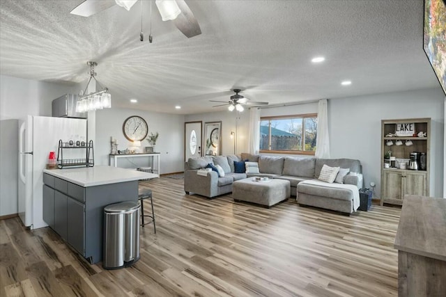 28489 Possum Trot Rd, Stover, MO 65078 - living area featuring a textured ceiling, light wood-style flooring, baseboards, ceiling fan, and recessed lighting