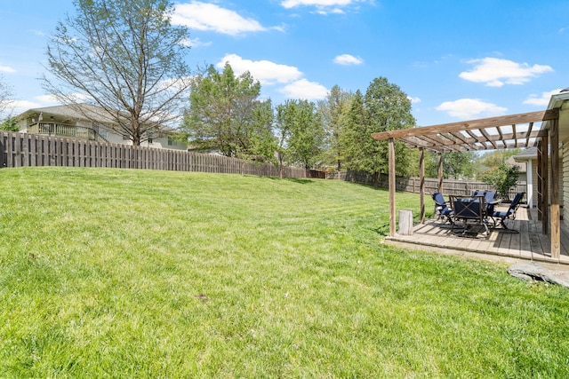 view of yard featuring a fenced backyard, a pergola, and outdoor dining space