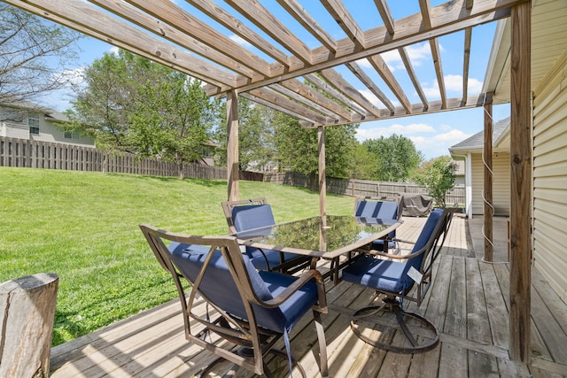 wooden deck featuring a lawn, a pergola, outdoor dining space, and a fenced backyard