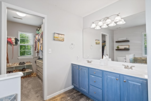 bathroom featuring double vanity, a walk in closet, visible vents, and a sink