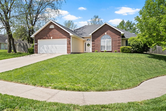 ranch-style house featuring brick siding, fence, a front lawn, and a garage