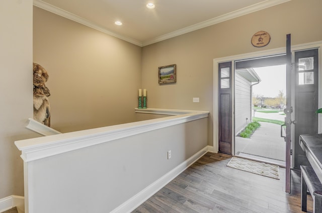 4716 Emeribrook Ct, Columbia, MO 65203 - entryway with crown molding, baseboards, recessed lighting, and wood finished floors