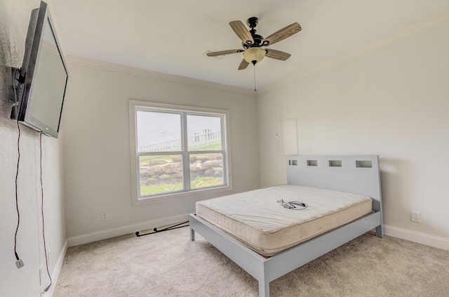 4716 Emeribrook Ct, Columbia, MO 65203 - bedroom with light colored carpet, baseboards, crown molding, and a ceiling fan