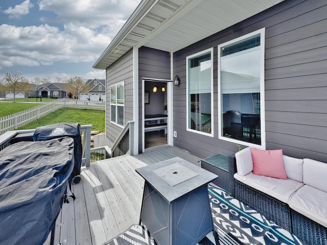 4716 Emeribrook Ct, Columbia, MO 65203 - wooden terrace featuring outdoor lounge area, fence, and a lawn