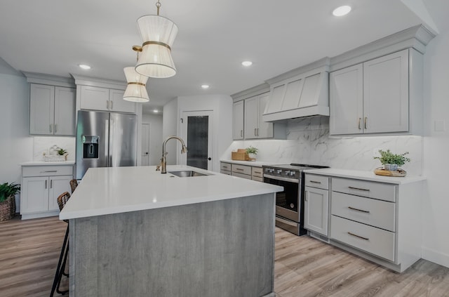 9747 S Rte N, Columbia, MO 65203 - kitchen featuring stainless steel appliances, a sink, premium range hood, light countertops, and light wood-style floors