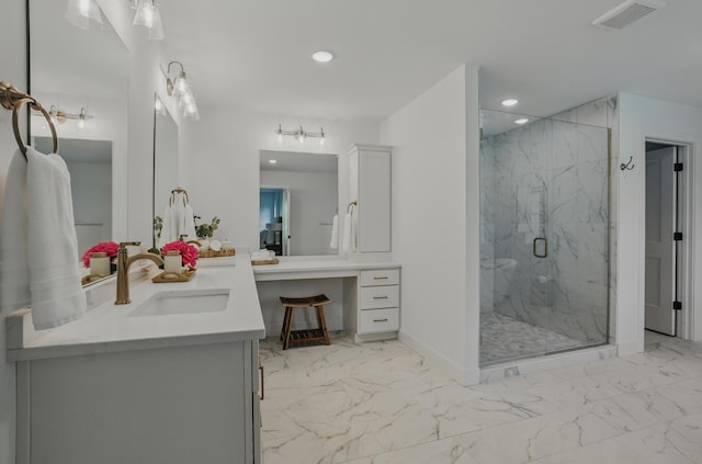 9747 S Rte N, Columbia, MO 65203 - bathroom with marble look tile flooring, a marble finish shower, recessed lighting, vanity, and baseboards