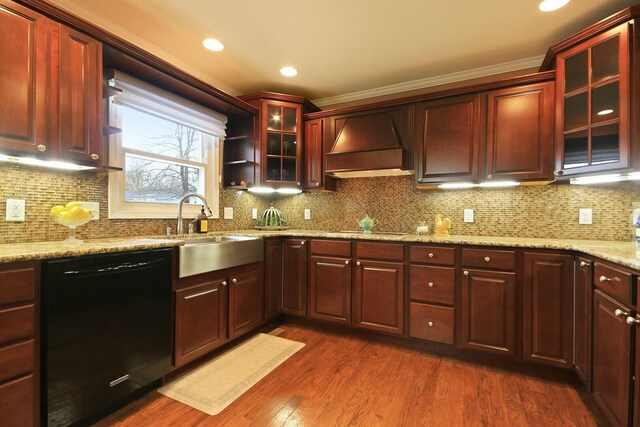 1204 S Walnut Ave, Salisbury, MO 65281 - kitchen featuring dark wood-style floors, premium range hood, black appliances, a sink, and reddish brown cabinets