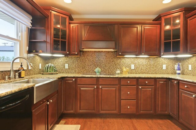 1204 S Walnut Ave, Salisbury, MO 65281 - kitchen with custom range hood, dark brown cabinets, and black appliances