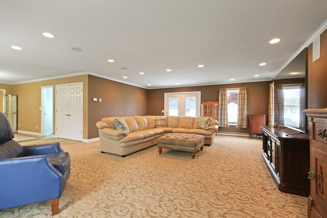 1204 S Walnut Ave, Salisbury, MO 65281 - living area with baseboard heating, baseboards, recessed lighting, crown molding, and light colored carpet