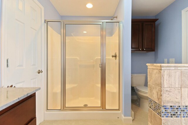 1204 S Walnut Ave, Salisbury, MO 65281 - bathroom featuring toilet, a shower stall, vanity, and recessed lighting