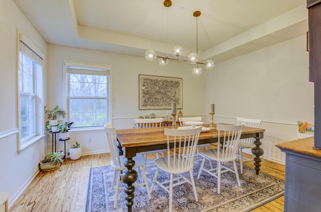 dining space featuring a raised ceiling, baseboards, and light wood-style flooring