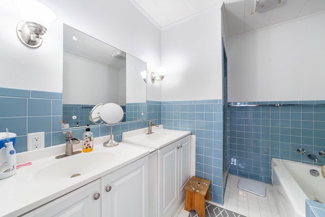 509 S Bus-54, Fulton, MO 65251 - full bath featuring crown molding, tile walls, tile patterned flooring, and a sink