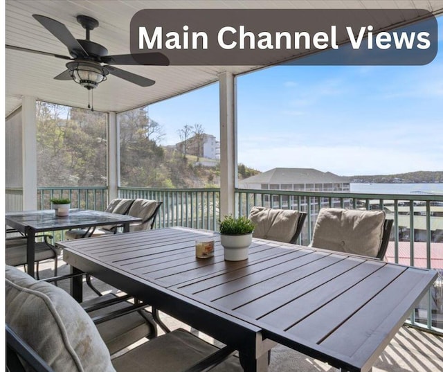 wooden deck featuring outdoor dining space and a ceiling fan