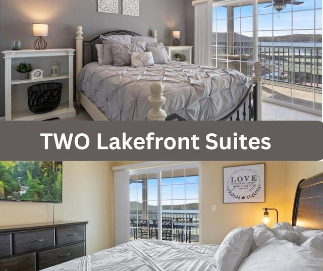 bedroom with a water view, multiple windows, and access to outside