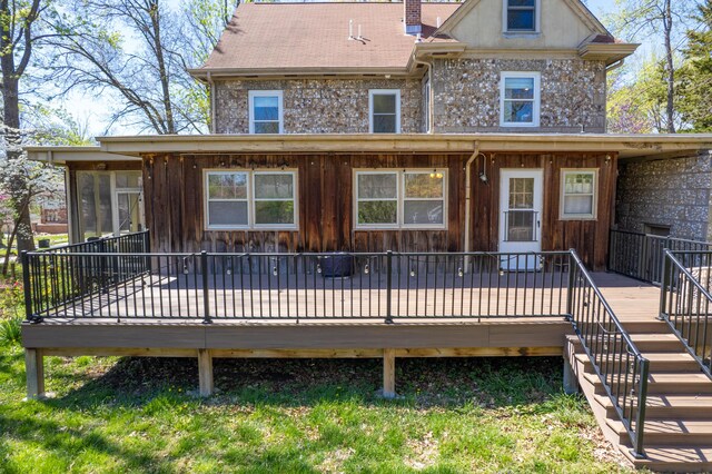 608 Westmount Ave, Columbia, MO 65203 - back of property featuring a wooden deck, stairs, and a chimney