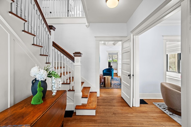 608 Westmount Ave, Columbia, MO 65203 - foyer entrance featuring wood finished floors, stairway, and baseboards