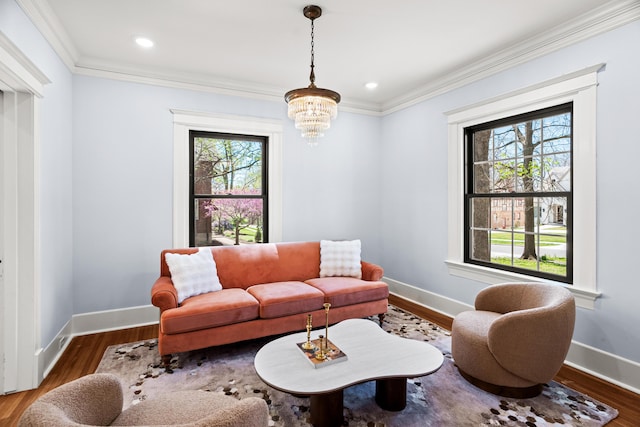 608 Westmount Ave, Columbia, MO 65203 - living area featuring ornamental molding, wood finished floors, baseboards, a chandelier, and recessed lighting