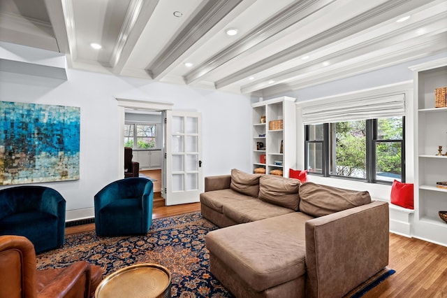 608 Westmount Ave, Columbia, MO 65203 - living room featuring wood finished floors, recessed lighting, beam ceiling, and french doors