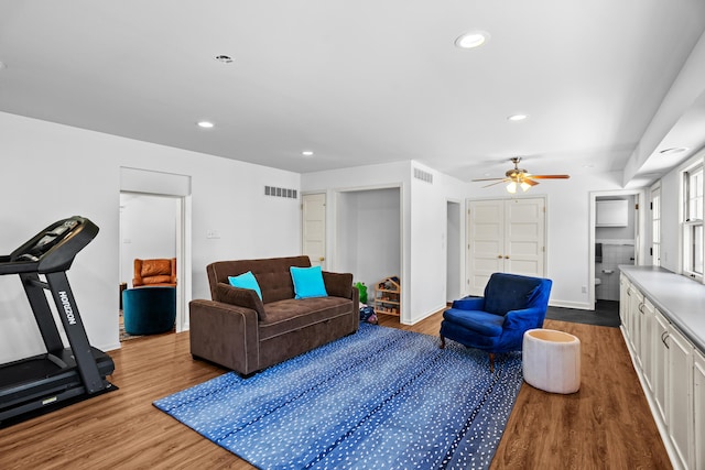 608 Westmount Ave, Columbia, MO 65203 - living area featuring wood finished floors, baseboards, recessed lighting, and a ceiling fan