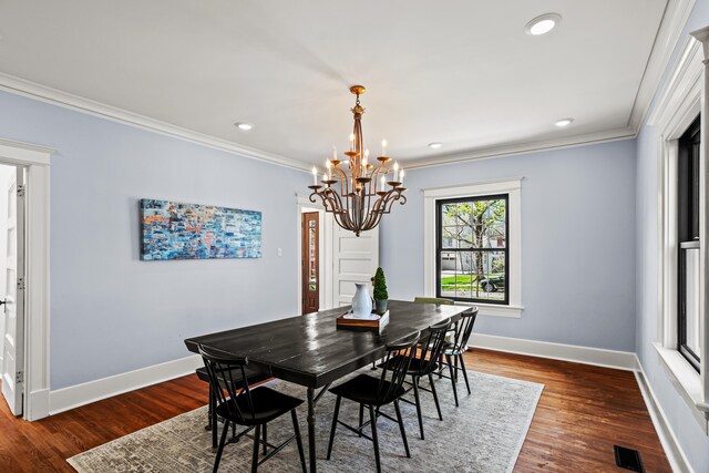 608 Westmount Ave, Columbia, MO 65203 - dining room featuring a chandelier, crown molding, baseboards, dark wood-style flooring, and recessed lighting