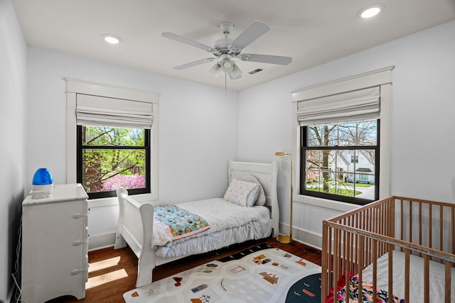 608 Westmount Ave, Columbia, MO 65203 - bedroom with wood finished floors, recessed lighting, ceiling fan, and baseboards