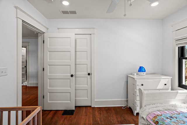 608 Westmount Ave, Columbia, MO 65203 - bedroom featuring dark wood finished floors, baseboards, a closet, recessed lighting, and ceiling fan