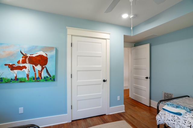 608 Westmount Ave, Columbia, MO 65203 - bedroom with wood finished floors, baseboards, and ceiling fan