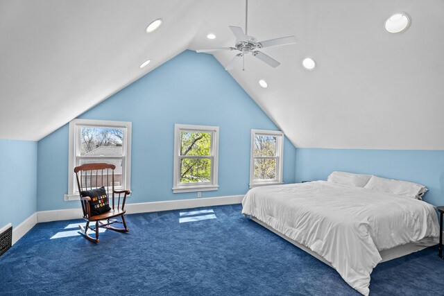 608 Westmount Ave, Columbia, MO 65203 - carpeted bedroom with recessed lighting, lofted ceiling, baseboards, and a ceiling fan
