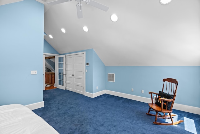 608 Westmount Ave, Columbia, MO 65203 - living area featuring lofted ceiling, carpet flooring, baseboards, ceiling fan, and recessed lighting