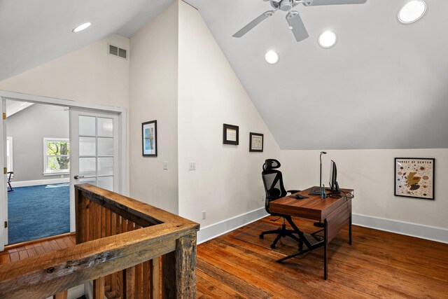 608 Westmount Ave, Columbia, MO 65203 - office area with lofted ceiling, baseboards, ceiling fan, dark wood finished floors, and recessed lighting