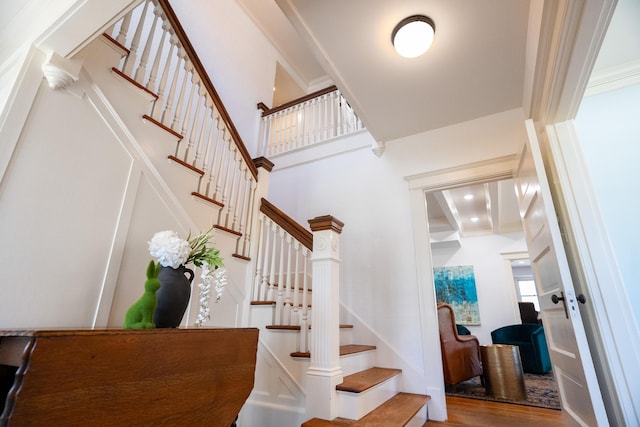 608 Westmount Ave, Columbia, MO 65203 - stairs with wood finished floors and a towering ceiling