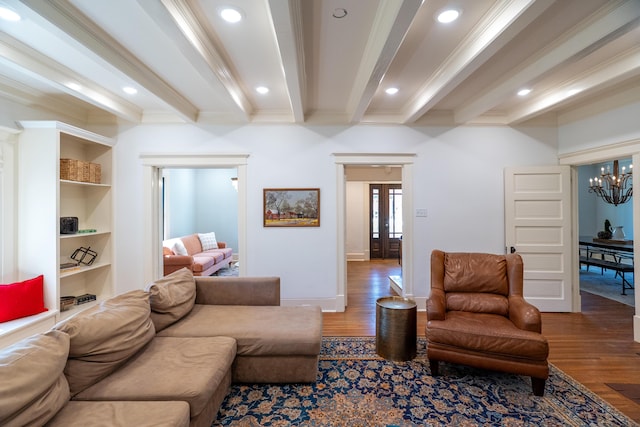 608 Westmount Ave, Columbia, MO 65203 - living room featuring crown molding, wood finished floors, recessed lighting, a chandelier, and baseboards