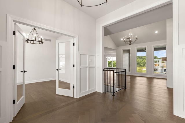 2816 Rivington Dr, Columbia, MO 65203 - hall with a chandelier, lofted ceiling, an upstairs landing, and parquet floors