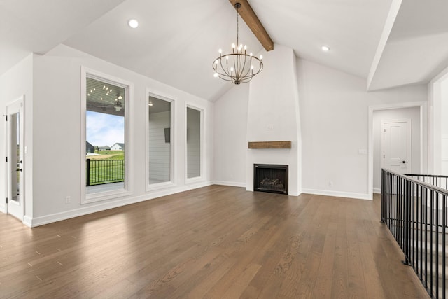 2816 Rivington Dr, Columbia, MO 65203 - unfurnished living room featuring a chandelier, dark wood-style floors, a large fireplace, and recessed lighting