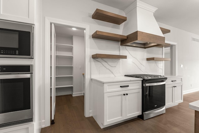 2816 Rivington Dr, Columbia, MO 65203 - kitchen with stainless steel appliances, open shelves, custom range hood, dark wood finished floors, and backsplash