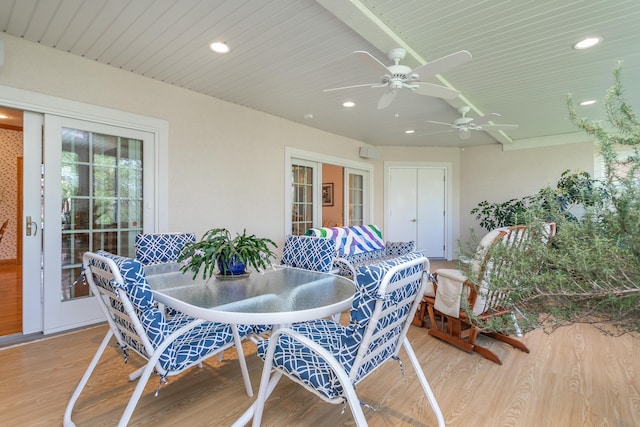 exterior space with a ceiling fan and outdoor dining space