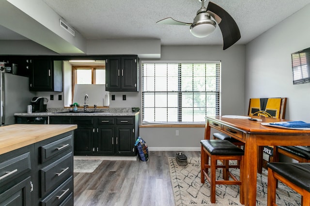 kitchen featuring a sink, dark cabinetry, a ceiling fan, wood finished floors, and wood counters