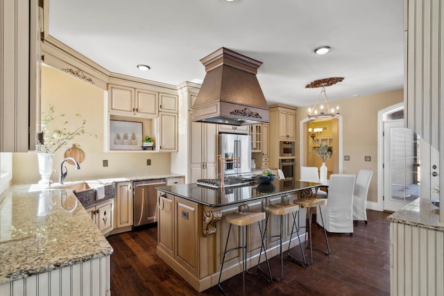 3207 Rivington Dr, Columbia, MO 65203 - kitchen featuring custom exhaust hood, a sink, appliances with stainless steel finishes, and dark wood-style floors