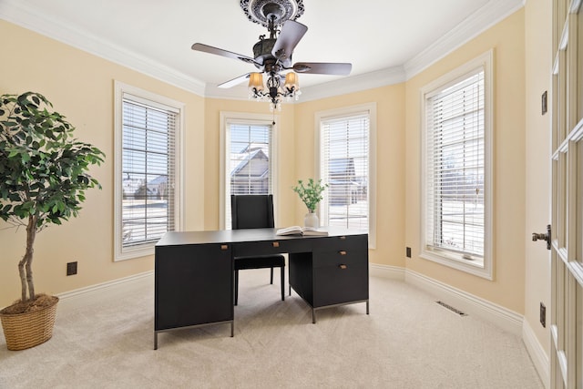 3207 Rivington Dr, Columbia, MO 65203 - office space with light colored carpet, a ceiling fan, crown molding, and baseboards