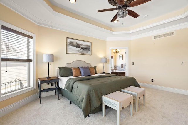 3207 Rivington Dr, Columbia, MO 65203 - bedroom with a raised ceiling, light colored carpet, crown molding, and baseboards