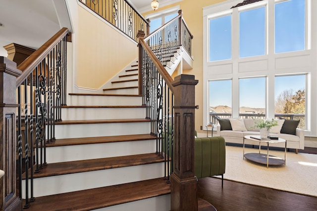 3207 Rivington Dr, Columbia, MO 65203 - stairway featuring wood finished floors, a towering ceiling, and baseboards