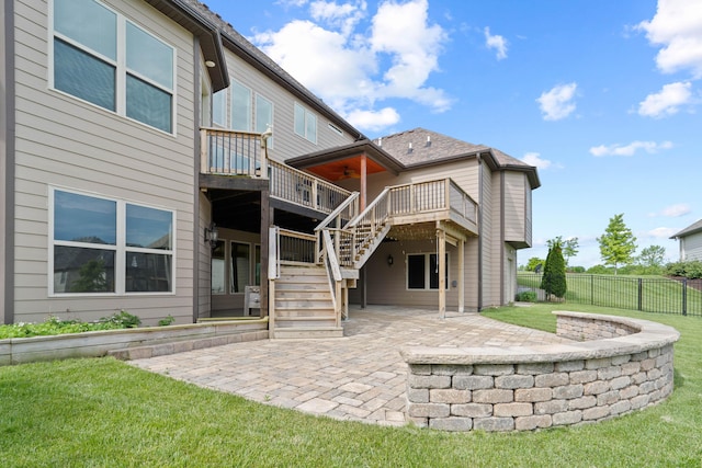 3207 Rivington Dr, Columbia, MO 65203 - back of property featuring ceiling fan, stairway, a wooden deck, and a patio