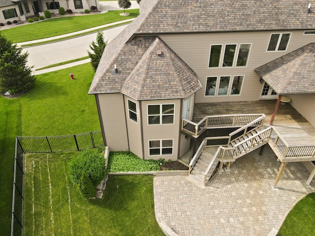 3207 Rivington Dr, Columbia, MO 65203 - back of property with a wooden deck, a shingled roof, and stairway