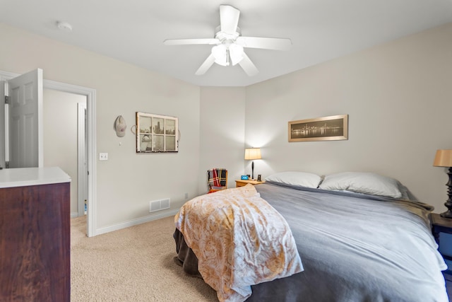 5109 Newbury Way, Columbia, MO 65203 - bedroom featuring visible vents, baseboards, a ceiling fan, and light colored carpet