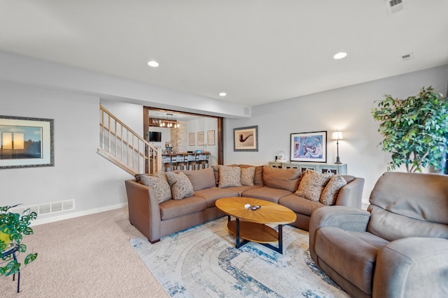 5109 Newbury Way, Columbia, MO 65203 - living area with recessed lighting, stairs, carpet flooring, and visible vents