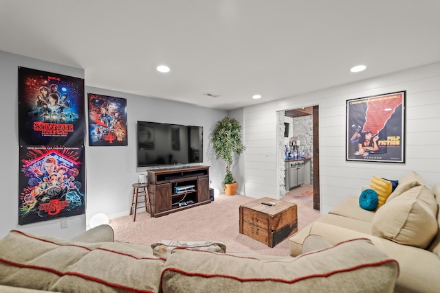 5109 Newbury Way, Columbia, MO 65203 - living area with wood walls, recessed lighting, carpet, and visible vents