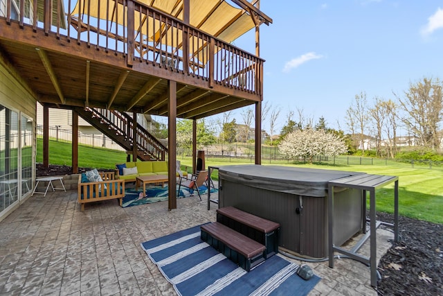 5109 Newbury Way, Columbia, MO 65203 - view of patio with an outdoor living space, a hot tub, a fenced backyard, stairway, and a deck