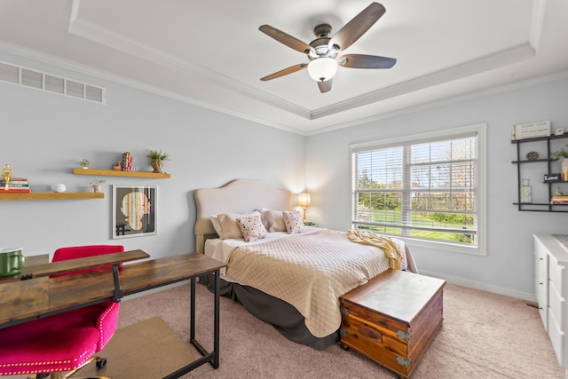 5109 Newbury Way, Columbia, MO 65203 - carpeted bedroom featuring ornamental molding, visible vents, baseboards, and a raised ceiling