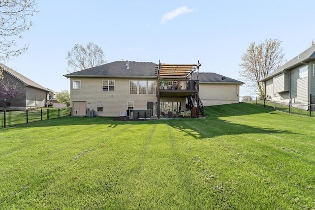 5109 Newbury Way, Columbia, MO 65203 - rear view of property with a lawn, a fenced backyard, a wooden deck, and stairs